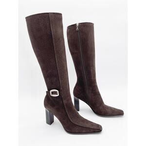 Prada Vintage Brown Embossed Nubuck Square Toe Heeled Knee High Boots IT 36.5